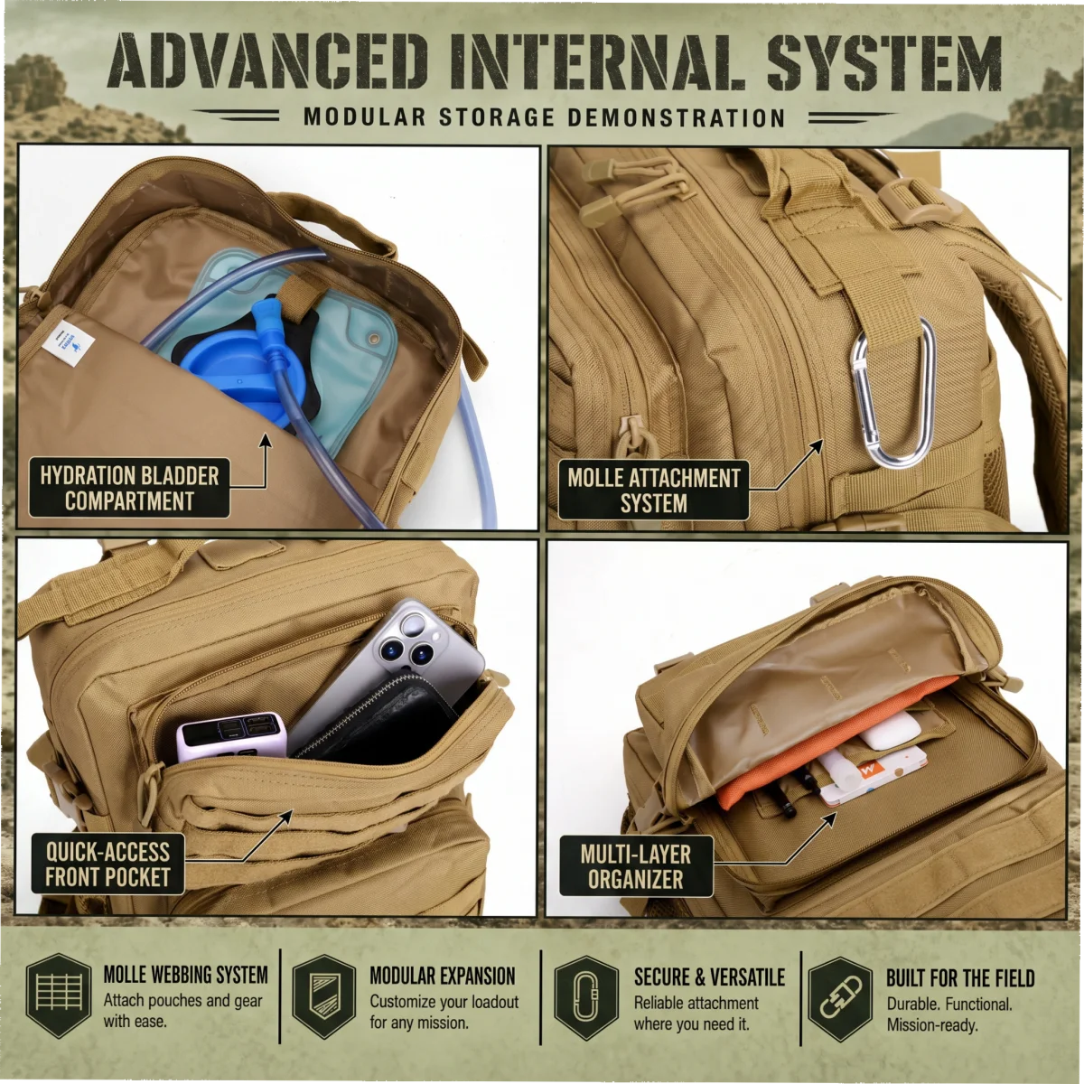 24L Tactical Backpack with Molle Webbing, Unisex Outdoor Hiking Camping Travel Daypack