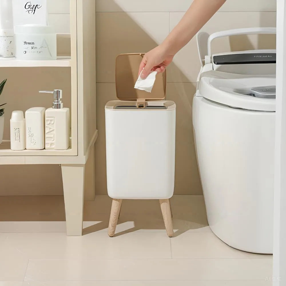 1 Piece High Clamshell Garbage Can, Suitable For Bedroom, Living Room, Bathroom, Press Trash Can, Imitation Wood Grain, White