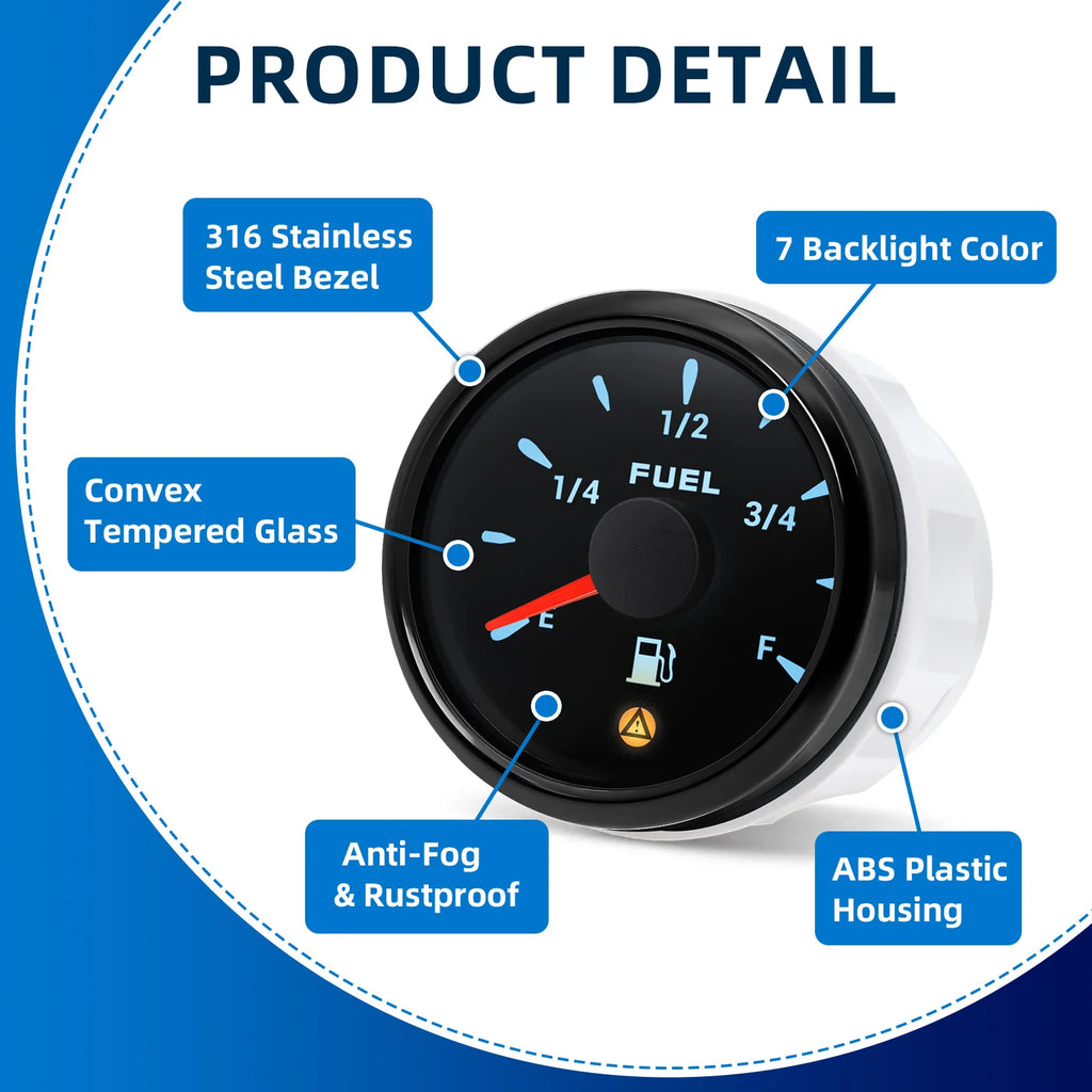 2"52mm Fuel Level Gauge with Flashing Alarm 0-190ohm 240-33ohm 10-180ohm 0-90ohm Oil Tank Meter 7 Color Backlight for Car Boat