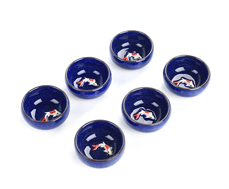 6pcs Ceramic 3D Golden Fish China tea cup set,Crackle Glaze Travel Tea Bowl Chinese Porcelain Teacup Sets Kung Fu Tea Set