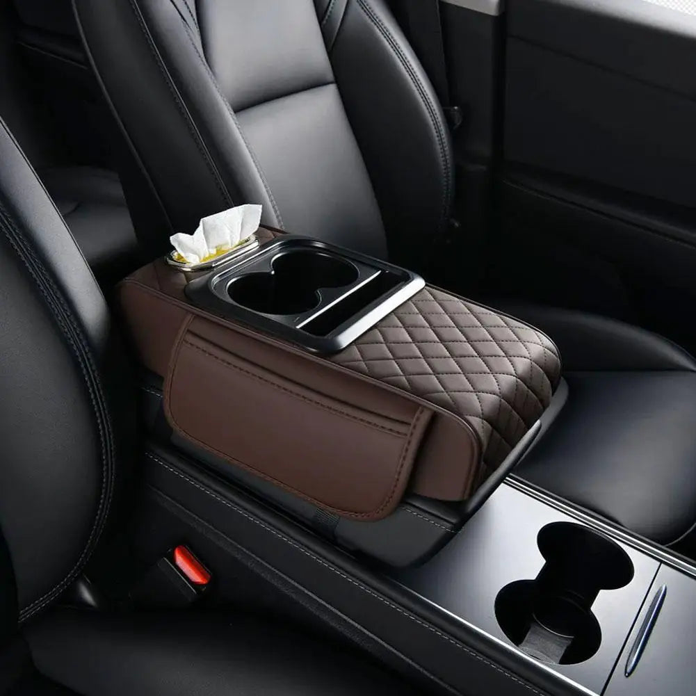 Car Armrest Box Multifunctional Thicken Height Pad Arm Rest Cushion with Pocket Tissue Cup Holder PU Elbow Support Height Pad