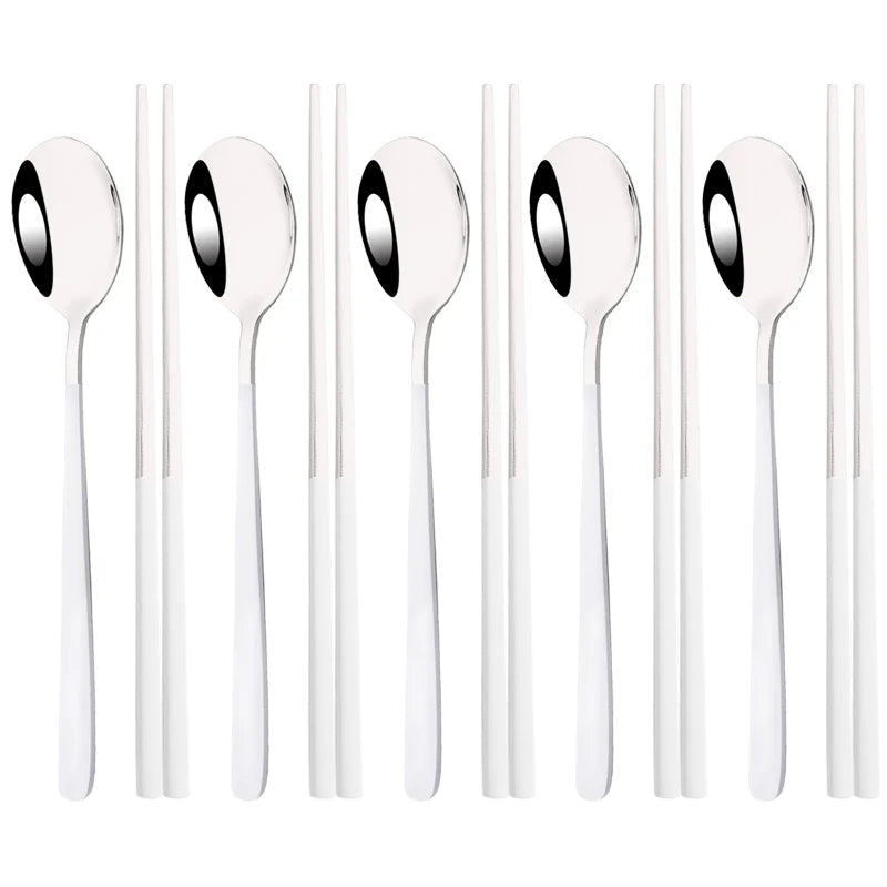 304 Stainless Steel Cutlery Set Sushi Sticks Dinner Spoons Set 10Pcs Dinnerware Korean Chopsticks Dessert Spoon Flatware Set