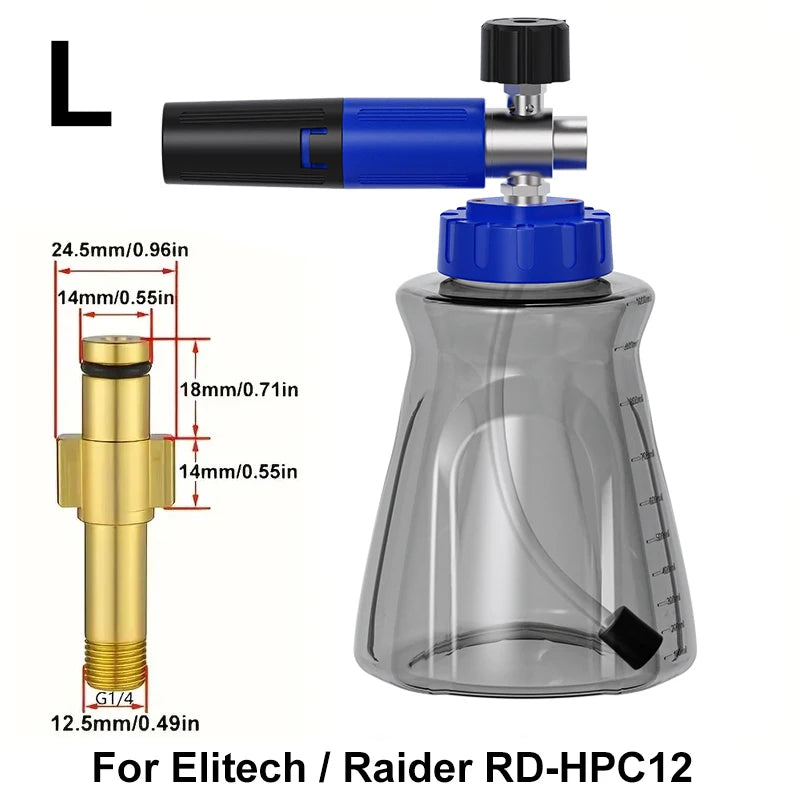 Stylish blue-black foam cannon, 1/4" quick-connect fitting, leak-proof lid air valve, for Karcher Elitech Bort AR Bosch