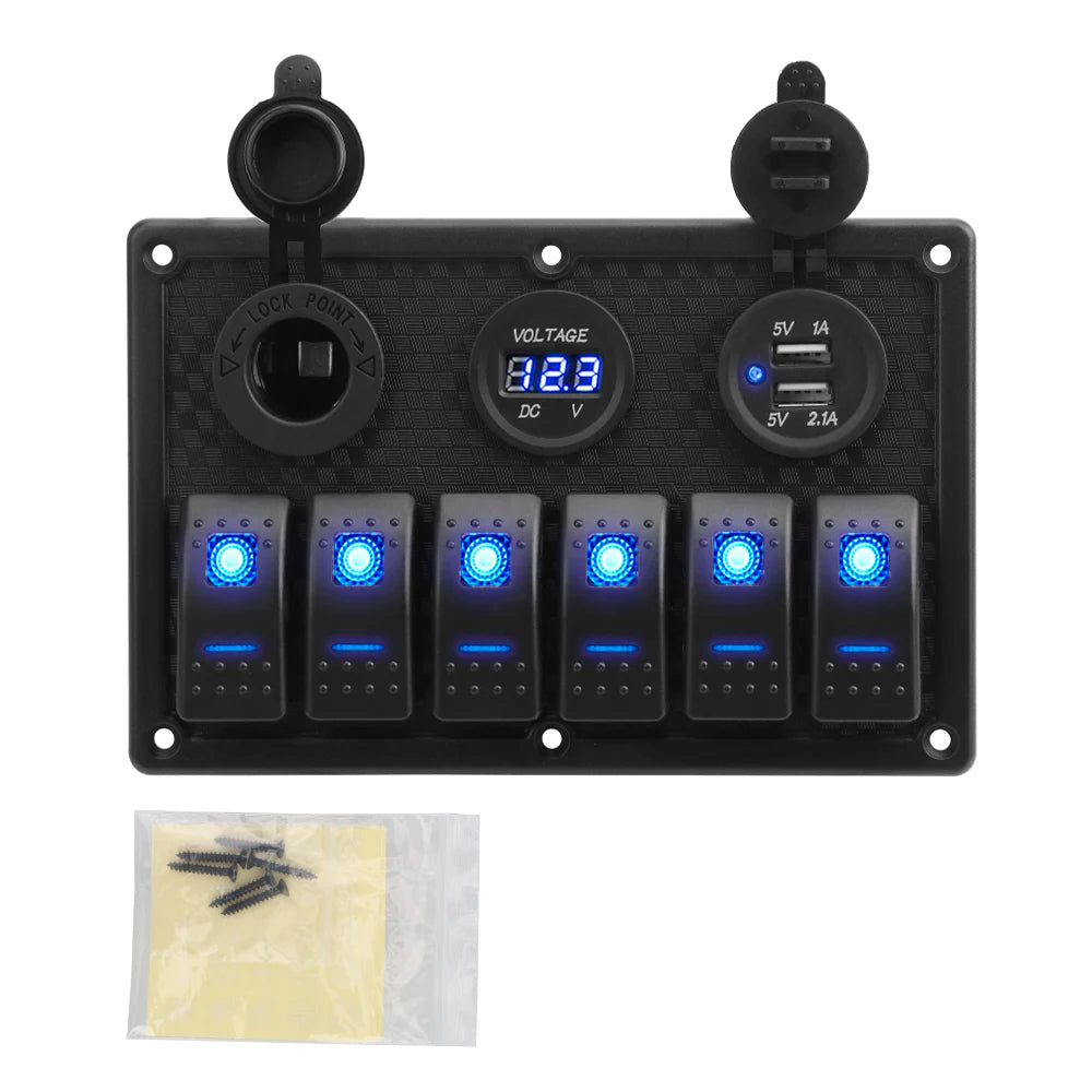 4.2A Dual USB Slot Socket 6 Gang Rocker Switch Panel Digital Voltage Display for Marine Boat Car Rv Vehicles Truck Yacht