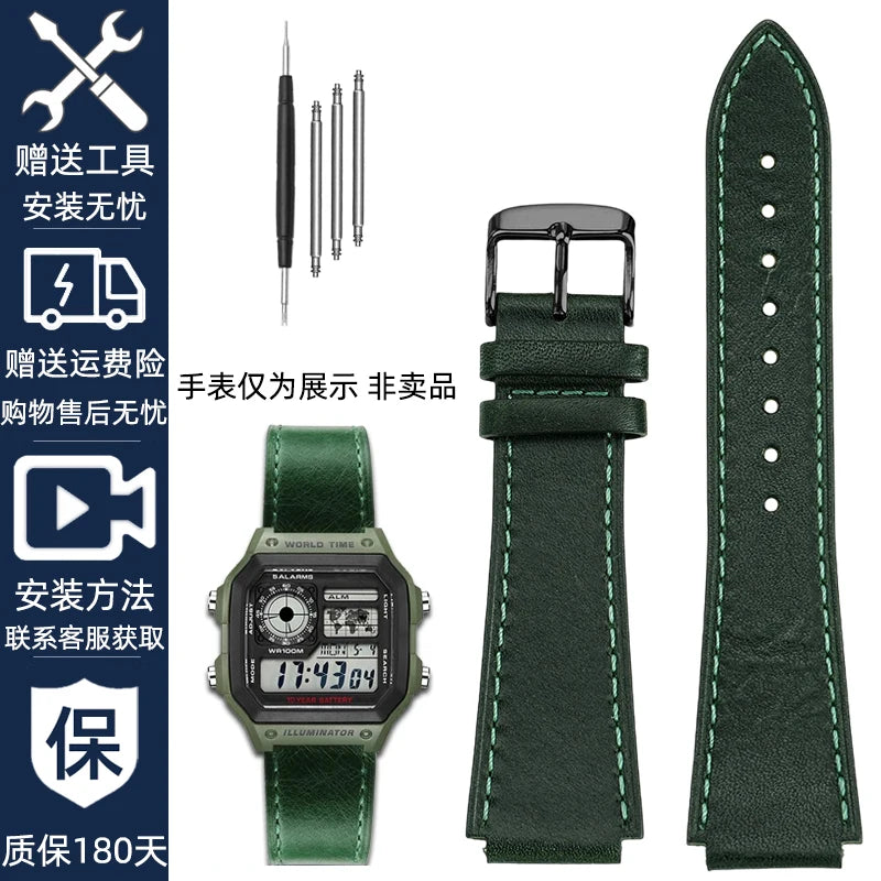 Retro Genuine Leather Watchband For Casio AE1200 AE1300 A158W/A168 W-216H Vintage Watch Strap convex mouth Men's Bracelet 18MM