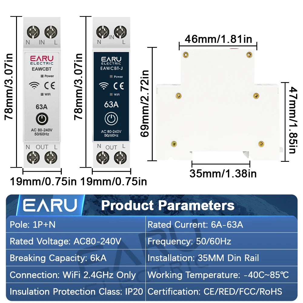 Tuya WiFi Smart Circuit Breaker MCB 1P+N 63A Timer Power Energy kWh Voltage Current Meter Protector Voice Remote Control Switch