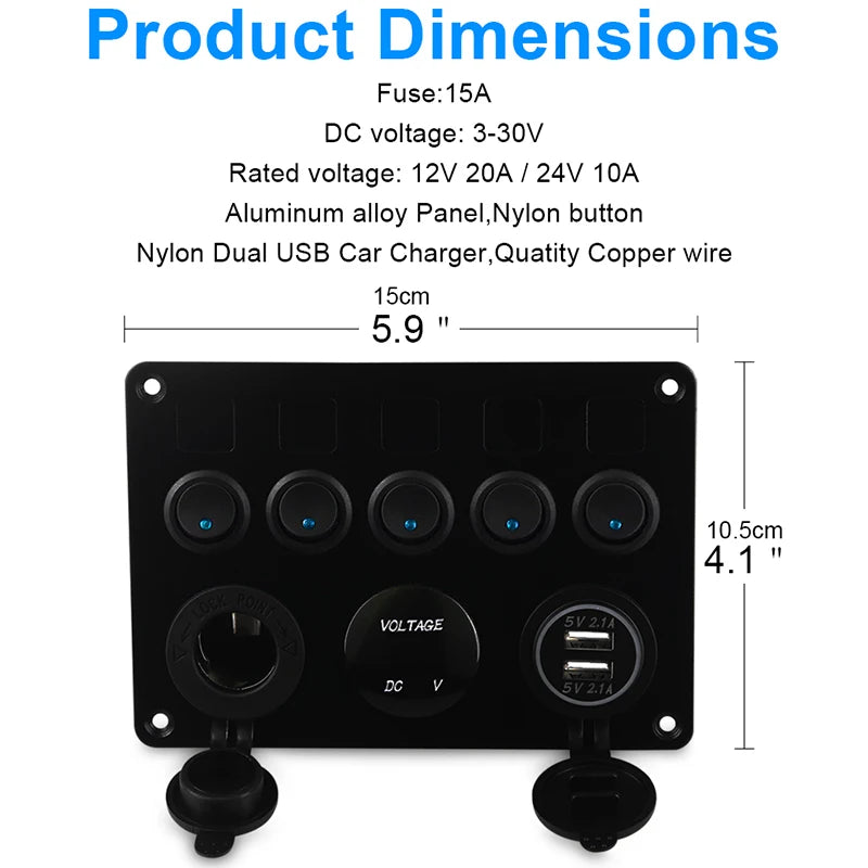 5 Gang Marine Boat Switch Panel Led Waterproof Circuit With Voltmeter Dual Usb Charger Panel Switch Boat Yacht 12v 24v