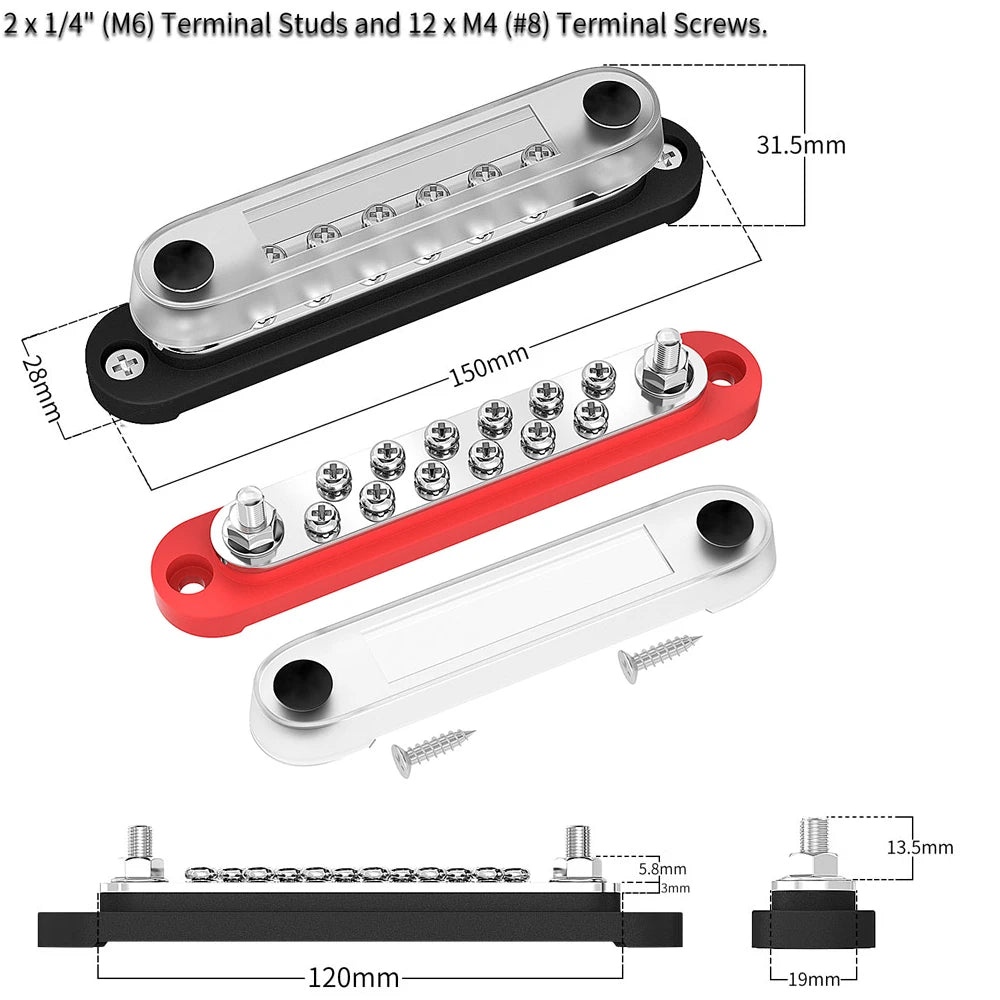 DaierTek Car Terminal Block Negative Bus Bar 12V 150A Terminal Block 12V Power Distribution Block M8 Termianl Bus for Automotive