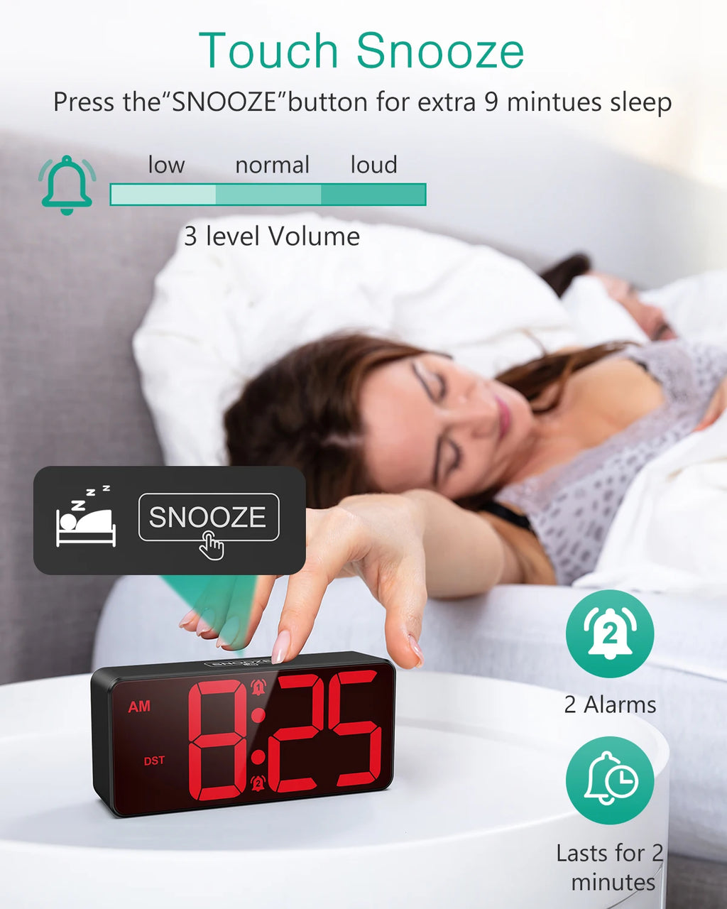ORIA Digital Alarm Clock Battery Powered LED Alarm Clock Large Display Small Clock With Dual Alarm，DST, Snooze for Home Office