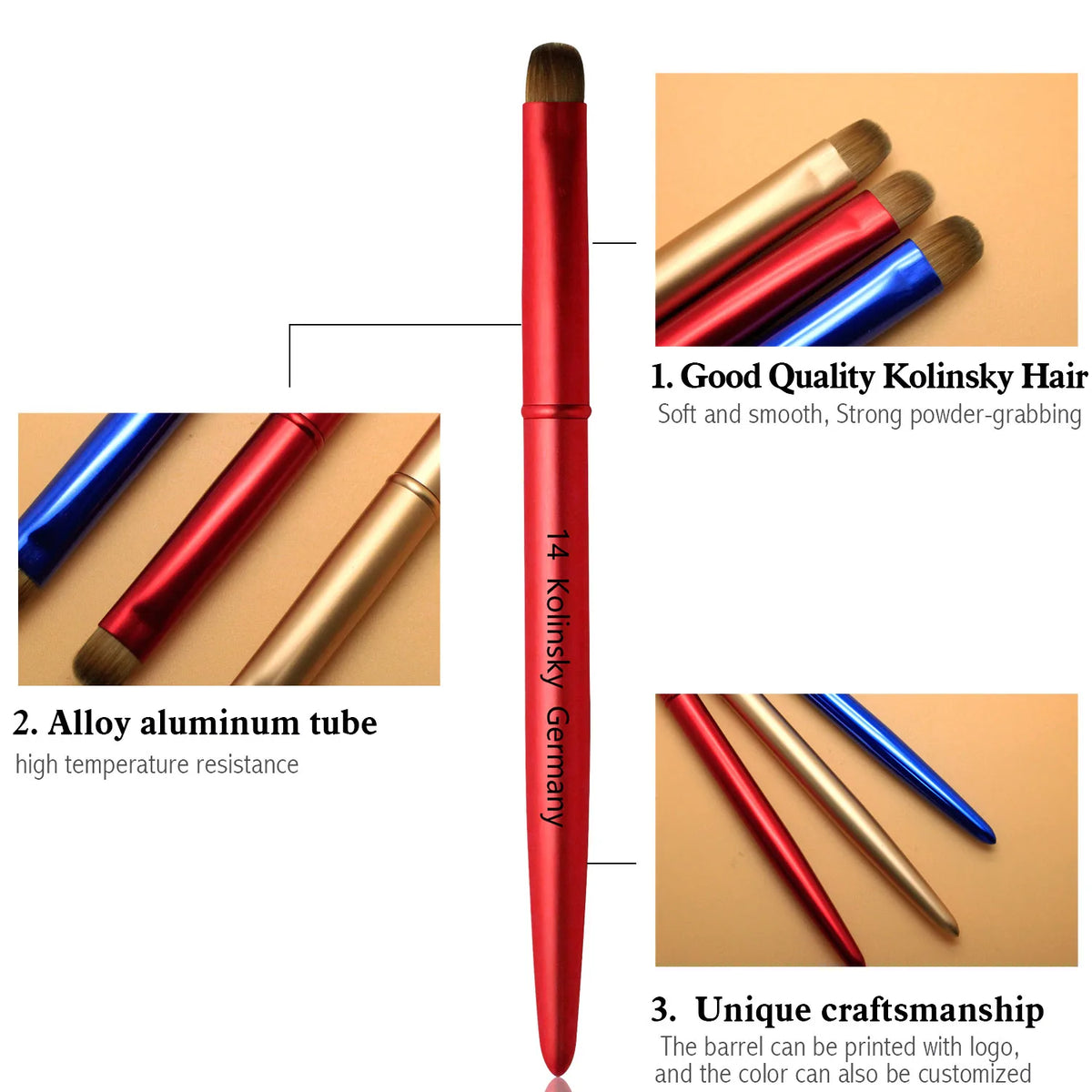 French nail art brush for acrylic & UV gel, elegant handle, blue/red/light gold styles