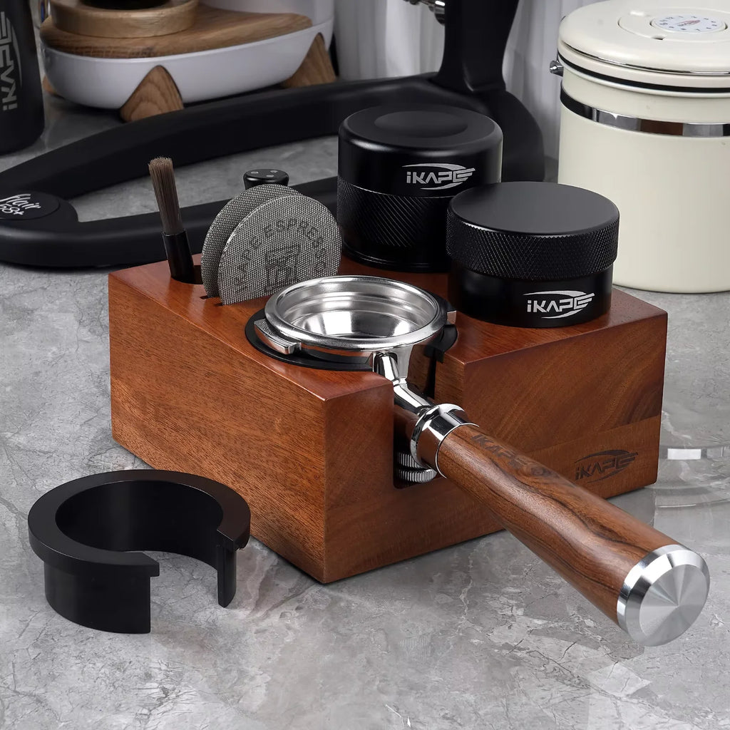 IKAPE Espresso Tamper Holder, 7 in One Wooden Coffee Tamper Station Base Natural Walnut Espresso Tamp Mat Stand fit 51/54/58mm