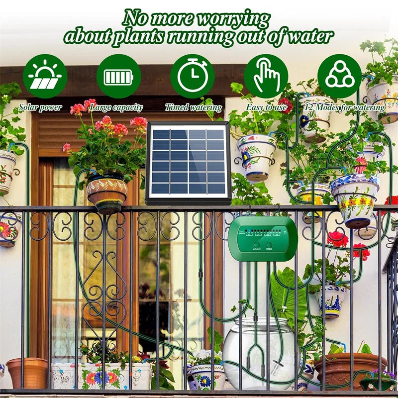 2W solar automatic drip irrigation system with 12 drip irrigation modes, suitable for garden balconies and potted plants