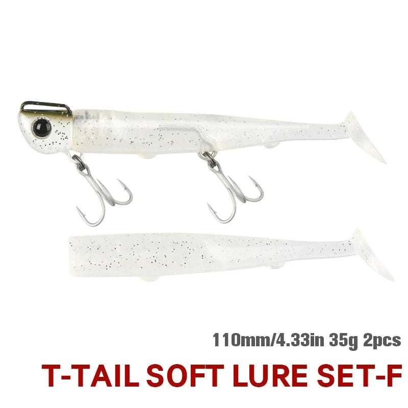 TSURINOYA  9PCS 110mm 35g Long Casting Jig Head T Tail Soft Lure Set Flounder Seabass Fishing Lure Sinking Large Baits