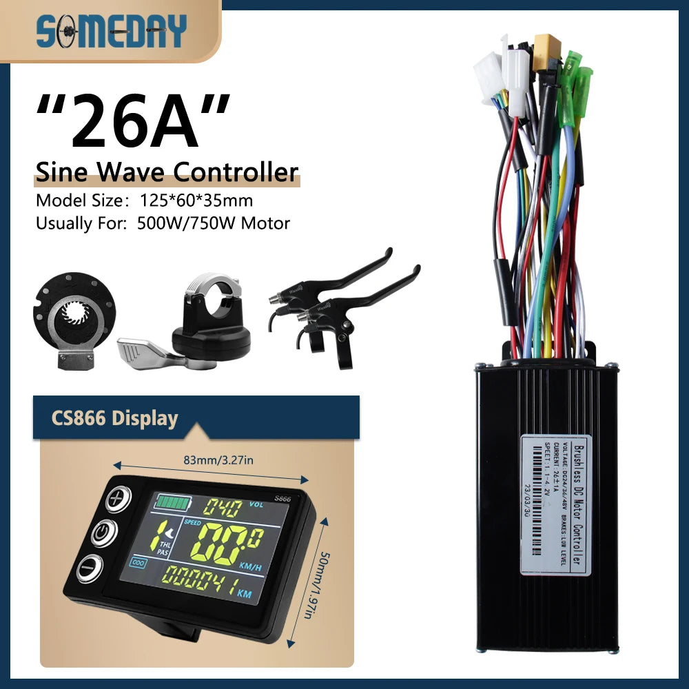 26A Ebike Sinawave Controller 24V/36V/48V Three-Mode Controller with Learning Function JN Color Display Wheel Hub Motor Parts
