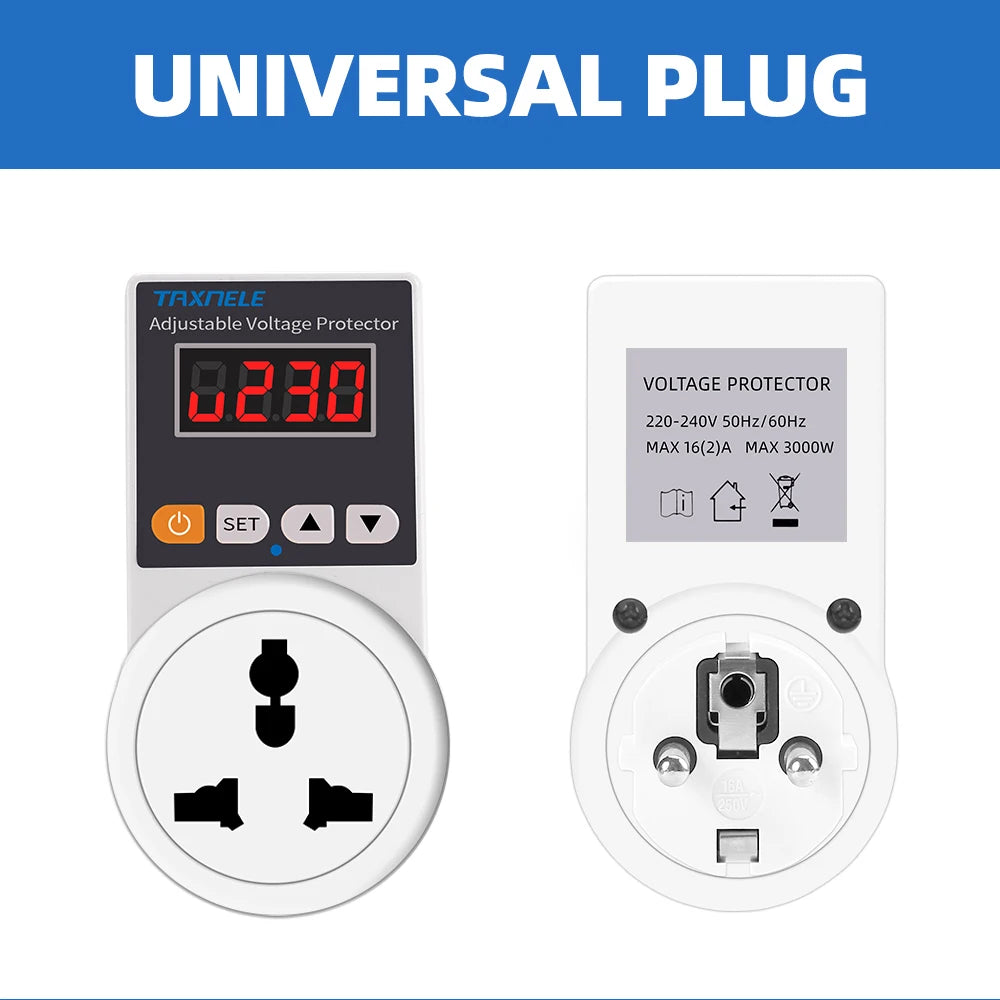 Automatic Voltage Protector Socket 220V 16A Adjustable Over/Under Voltage Cutoff, EU Plug
