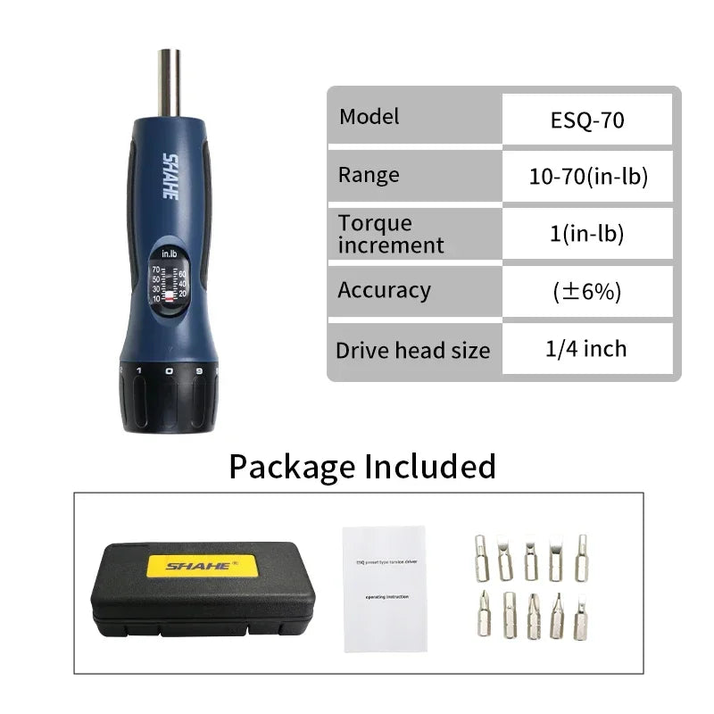 SHAHE Preset Torque Screwdriver Set 10-70 in-lb, 10 Bits, 1/4" Drive, Bike Repair