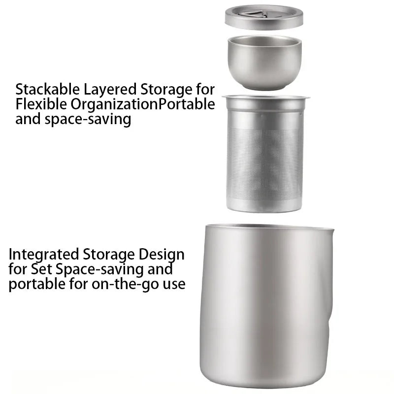 Titanium-plated stainless steel portable travel tea set, including teapot and double-walled tea cups, lightweight outdoor campi