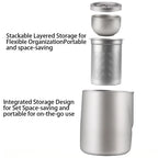 Titanium-plated stainless steel portable travel tea set, including teapot and double-walled tea cups, lightweight outdoor campi