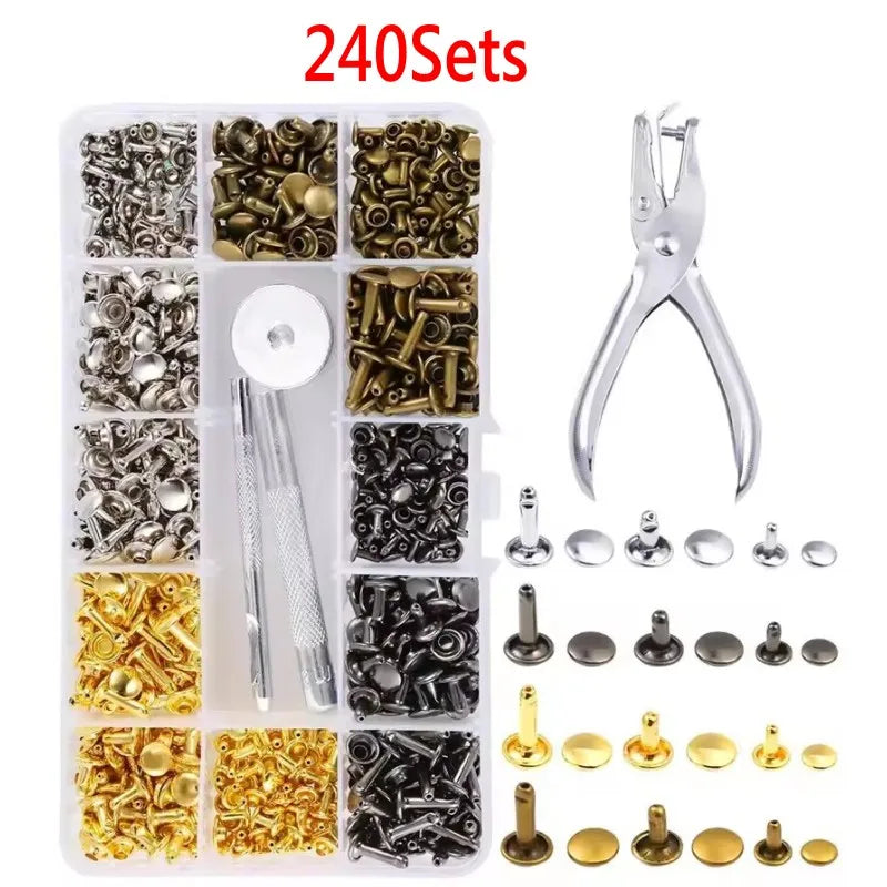 Metal Double Cap Rivets Stud Round Spike Nail With Tool Kits For Shoes Bag Belt Leathercraft Repair Clothing Garment Accessories