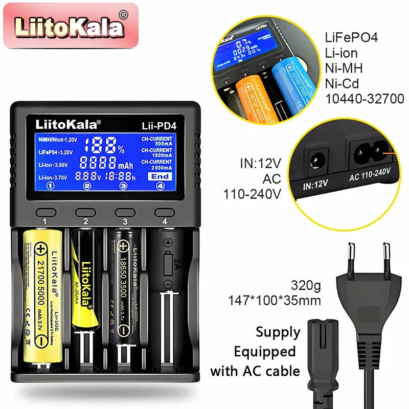 Liitokala Lii-PD2/Lii-PD4 Li-ion & NiMH Battery Charger for 18650 21700 26650 AA AAA