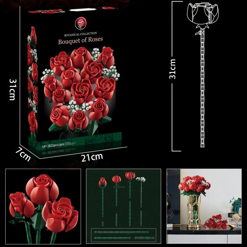 Romantic orchid Rose Flower Bouquet Building Blocks Creative Home Desk Plant Decoration Assemble Bricks Toys Gifts For Girls  ﻿