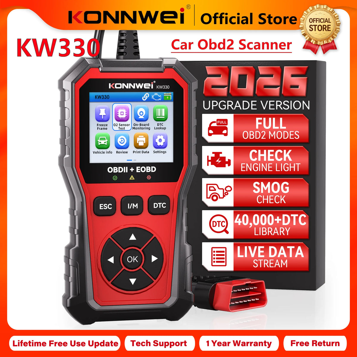 2026 KONNWEI KW330 Car OBD2 Diagnostic Tool Professional Engine Battery Testing Fault Code Erase Real-Time Data Scanner Function