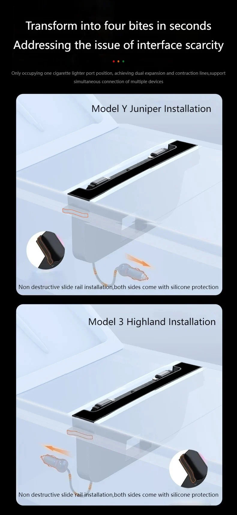 For Tesla Model Y Juniper Fast Charging USB Docing Station with Rainbow Light for Model 3 Highland Retractable Ambient Lighting