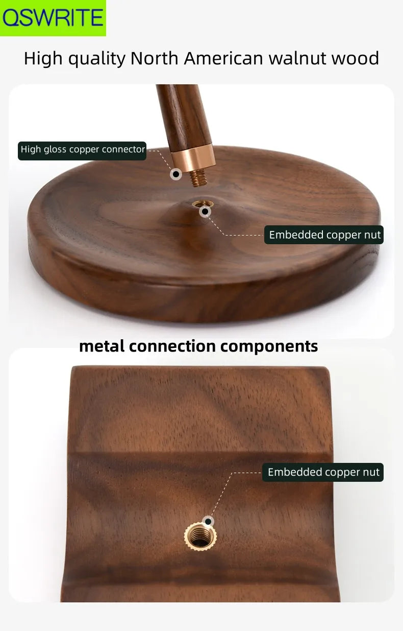 Walnut wood headphone holder stand with copper reinforcement, curved or flat style