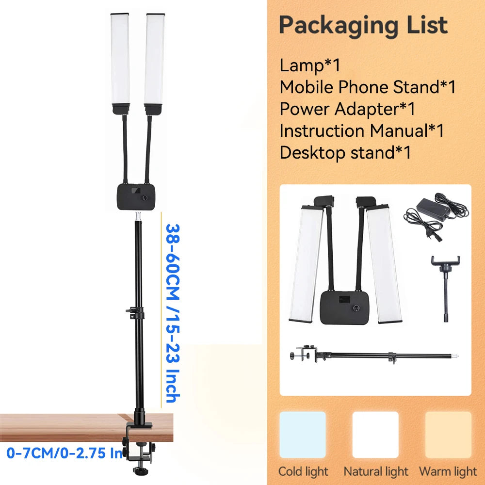 Double Arm LED Fill Light with LCD, 3200-5600K Photo Studio Selfie Lamp, Tripod Options