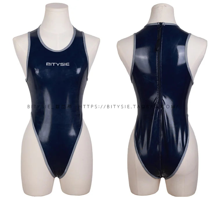 Bitysie Enamel Sexy Women Swimwear  Japanese One-Piece High Leg Cut Leotard Seductive Competitive Rubberized bodysuit