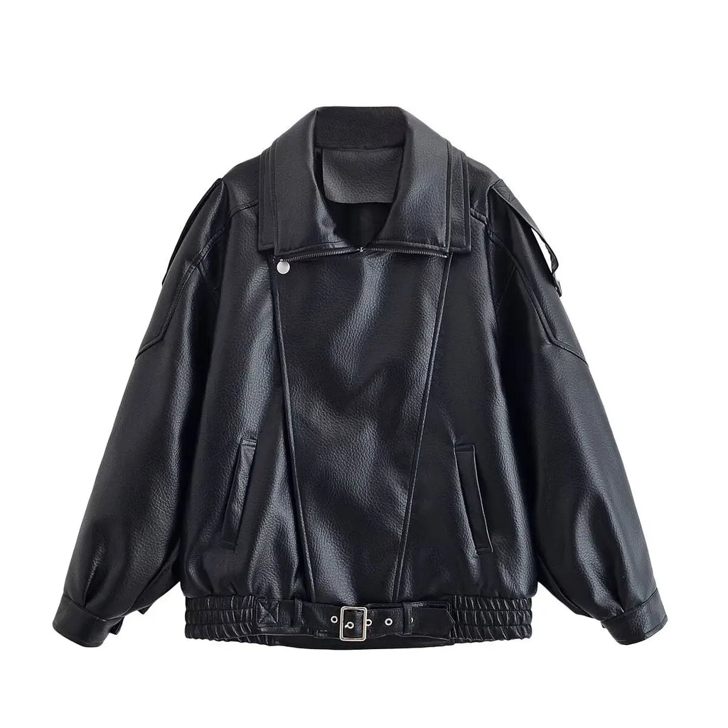 HH Autumn Faux Leather Jacket For Women Casual Solid Long Sleeve Zipper Pu Leather Coats New Fashion Female Streetwear