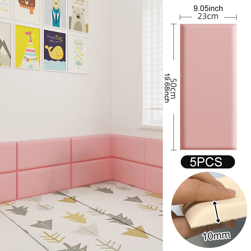 3D Soft Wall Panel for Safe Anti-Collision Wall Pad Self Adhesive Leather Rectangular Peel and Stick Headboard for Kids Bedroom