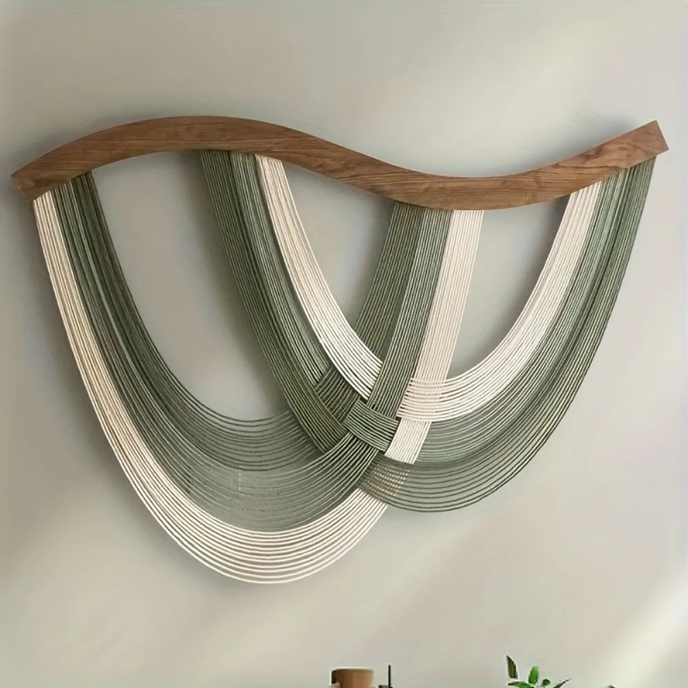 Macrame Wall Hanging Wood Arch Large Bohemian Woven Tapestry with Green Beige Tassels for Living Room Bedroom Boho Wall Decor