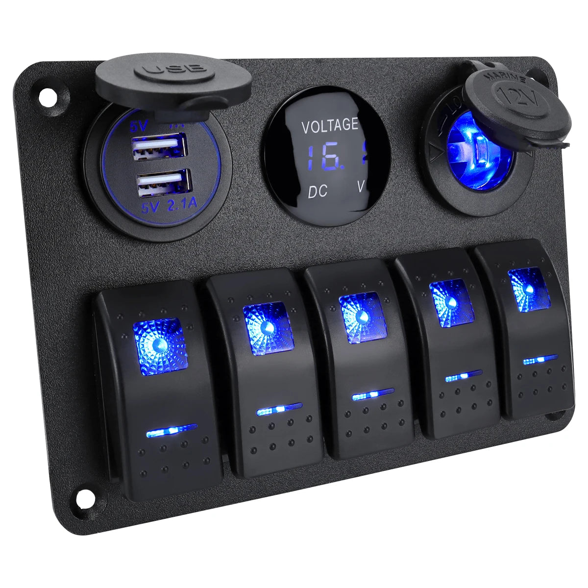 5 sets of rocker switch panels, 12-24V, with dual USB socket 4.2A+voltmeter LED light and cigarette lighter.
