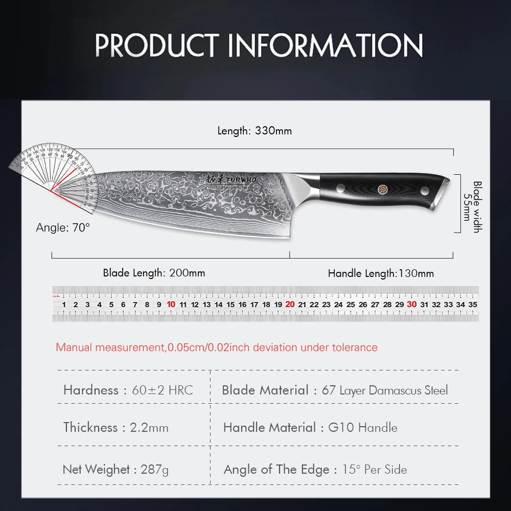 TURWHO 8-inch Professional Chef's Knives Japanese 67 Layer Damascus Steel Super Sharp Meat Vegetable Kitchen Knife Cooking Tools