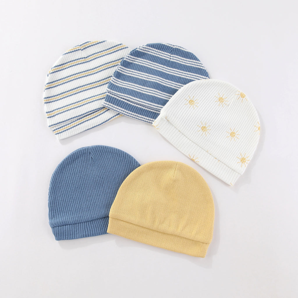 Kiddiezoom Newborn Baby Cotton Beanie Hats 5-Pack, Soft Infant Caps 0-6 Months