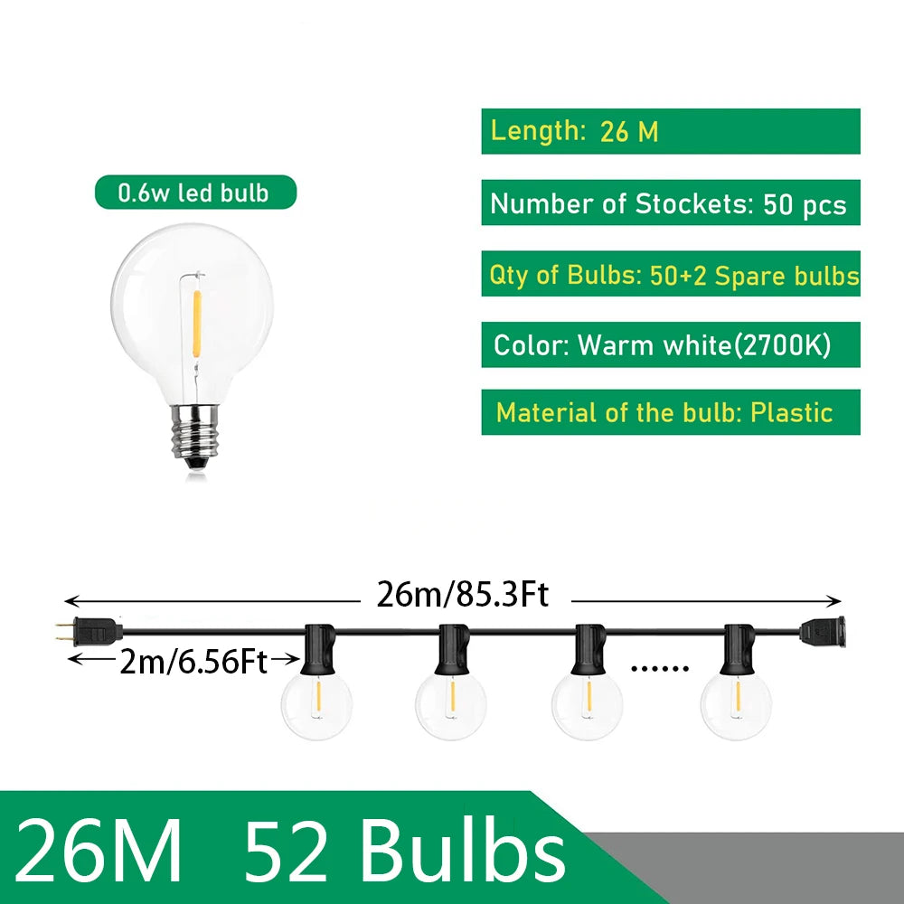 110V/220V Outdoor String Lights LED G40 Festoon Fairy Patio Garland Lamp Wedding Street Camping Garden Party Decoration Lights