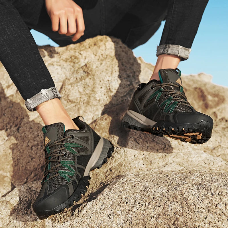 HIKEUP Men's Hiking Sneakers Breathable Cushioned Non-Slip Outdoor Shoes, Black/Green/Grey 40-45