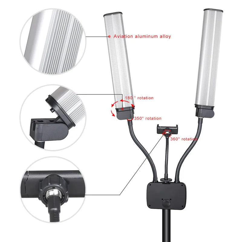 Double Arm LED Fill Light with LCD, 3200-5600K Photo Studio Selfie Lamp, Tripod Options