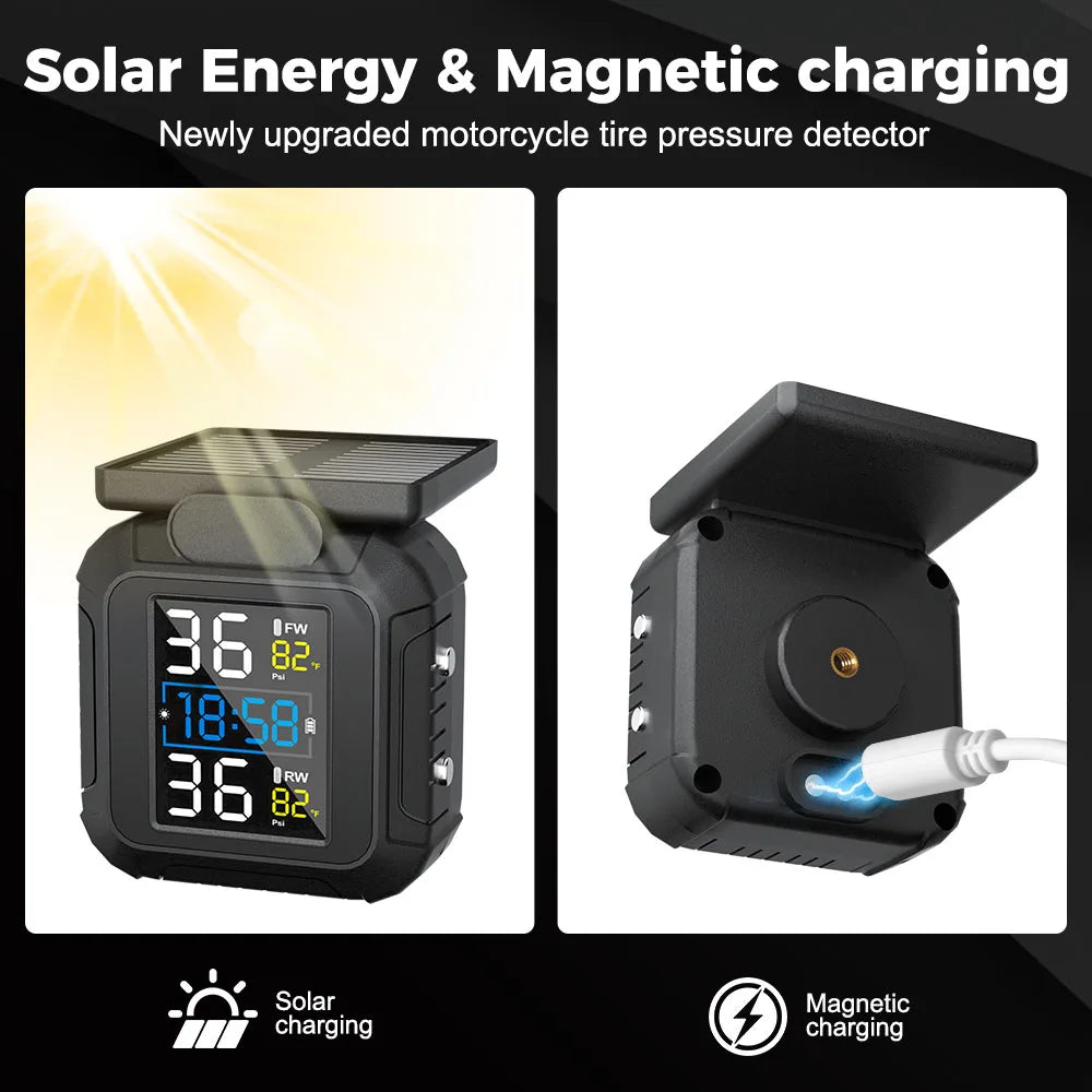 Solar TPMS Tire Pressure Monitoring System w/ Temperature Alarm, 2 External Sensors, Motorcycle