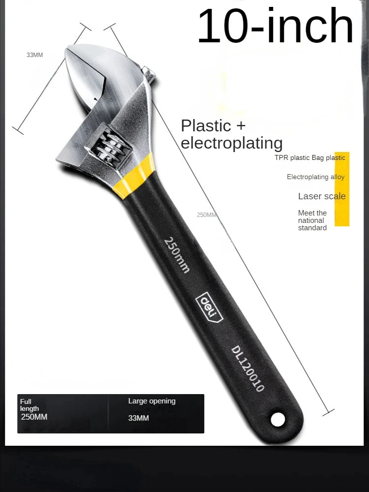 Deli Adjustable Wrench Carbon Steel Dip Plastic Handle Spanner, DL120002/DL120006/DL120010
