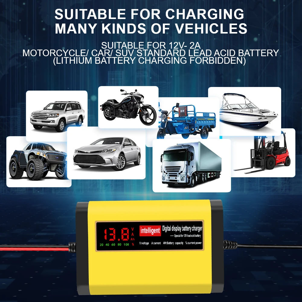 2A 12V Automotive Battery Chargers 3 Stages Intelligent Pulse Repair Car Battery Maintance Storage Cell Charging Device Digital