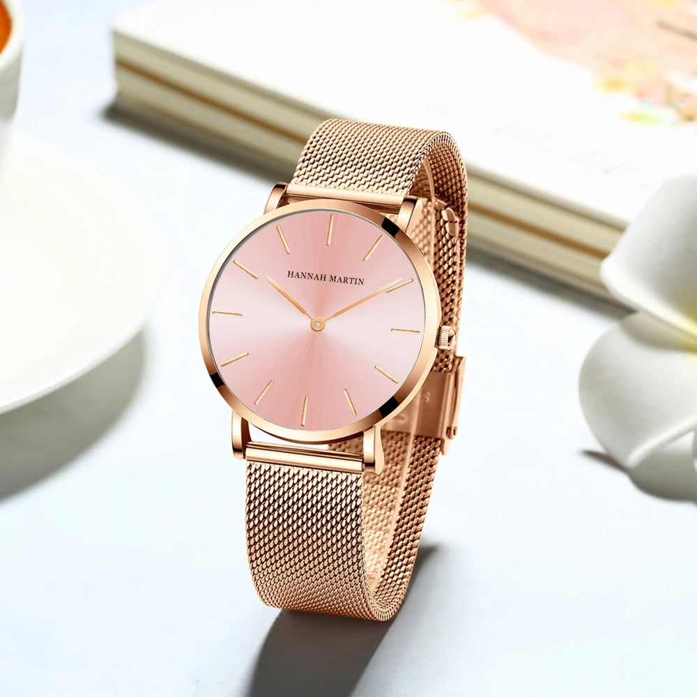 2023 New Women Bracelet Watch 1 Set Japan Quartz Movement Simple Rose Gold Stainless Steel Mesh Student Watches Relogio Feminino