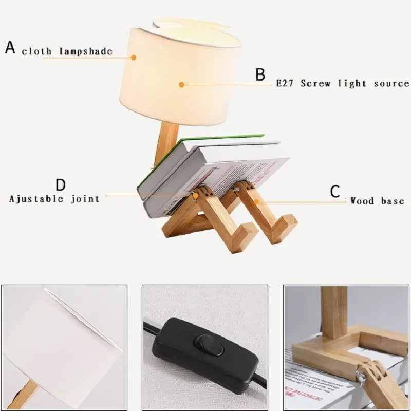 Robot Shape Adjustable Table Lamp E27 Wood Base Fabric Shade, AU/EU/UK/US Plug