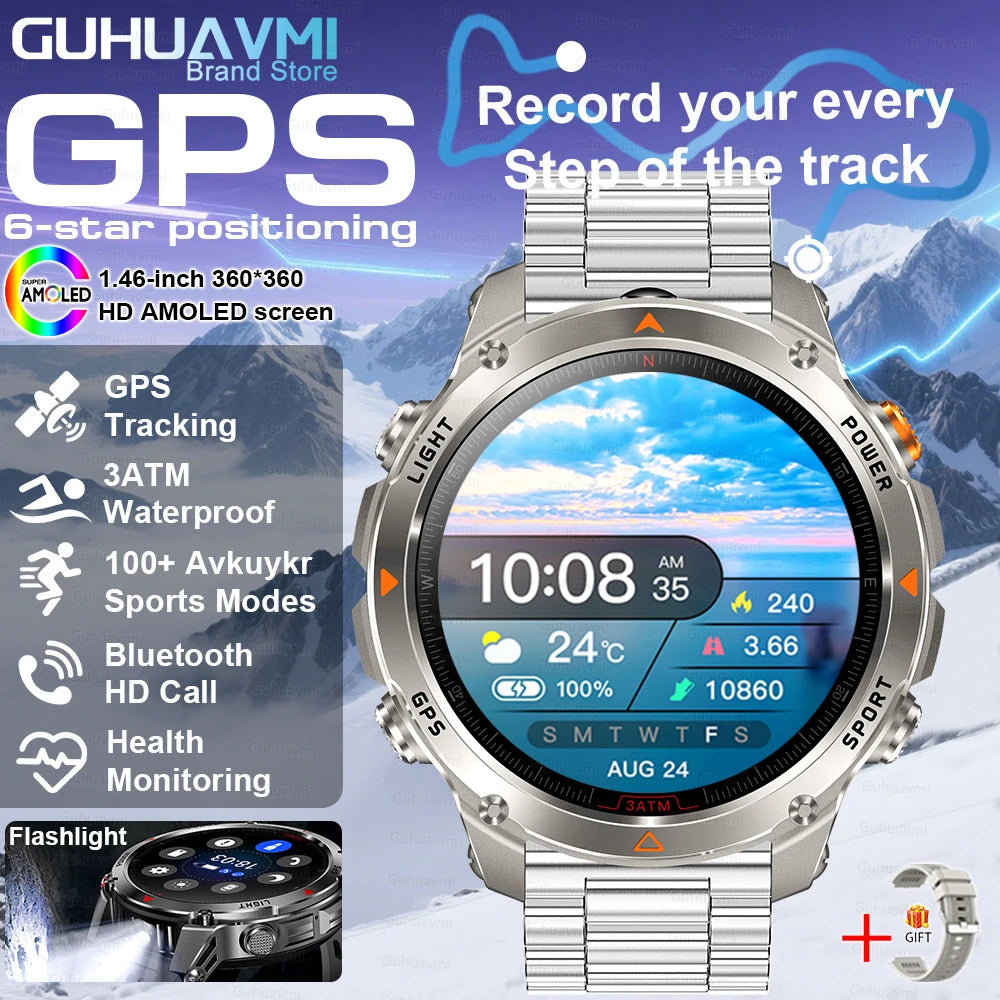 2025New Outdoor Military Smart Watch Men 1.46" AMOLED Built-in GPS Compass Altimeter 3ATM Waterproof Clock BT Call SmartWatches
