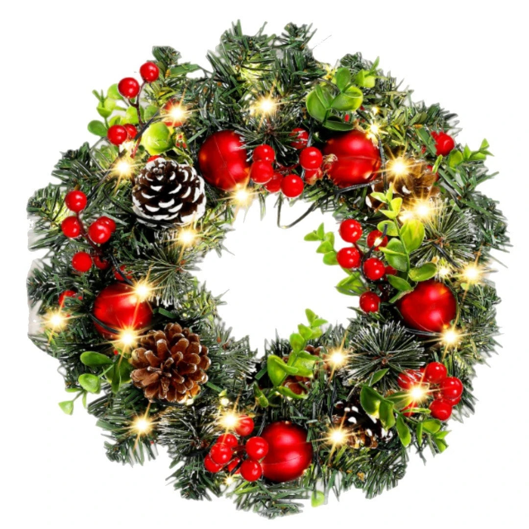 Elegant Red Christmas Wreath LED PVC Red Fruit Christmas Wreath Window Door Wall Ornament Decorations Home Halloween Decor Gifts