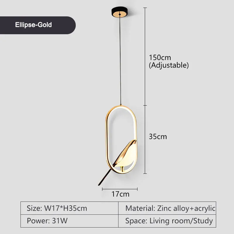 Magpie Bird Rotatable LED Pendant Light Chandelier, Metal Ceiling Hanging Lamp, Black/Gold/Silver