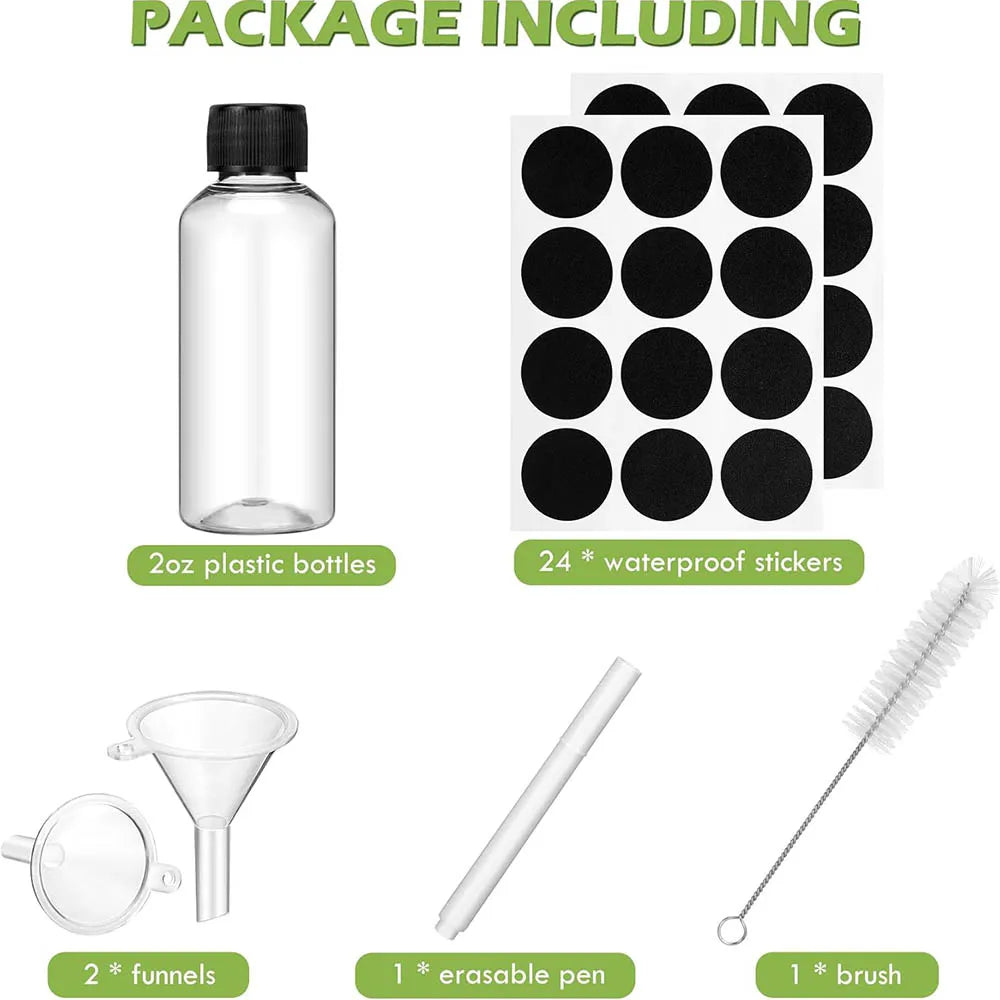16 Pack 2oz Mini Reusable Plastic Ginger Shots Bottles Leakproof Juice Shot Bottles with Lids for Juice, Oil and Liquid Samples