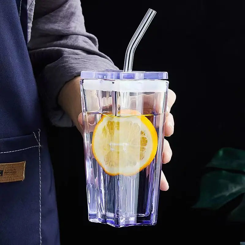 300ml Five-Pointed Star Glass Cup With Straw Color Gradient Cups Cold Drink Cup Coffee With Lid Drinking Cup Drinkware