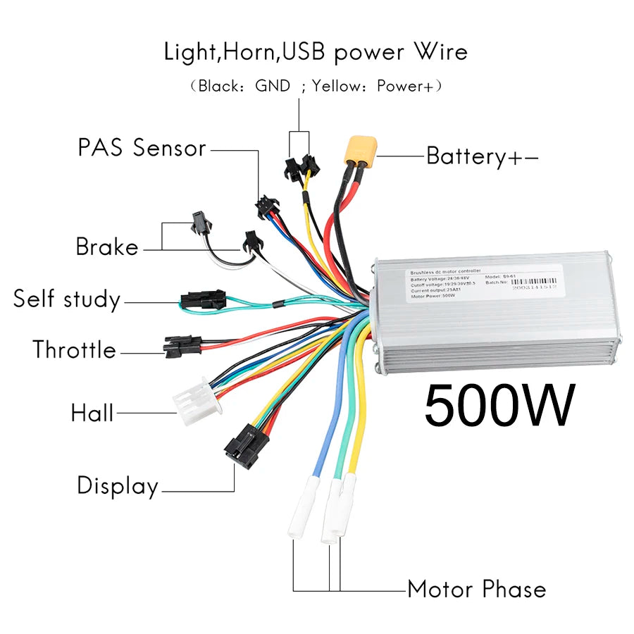 Electric Bike Motor Controller Kit w/ G51 Display, 24V/36V/48V 250W/350W/500W